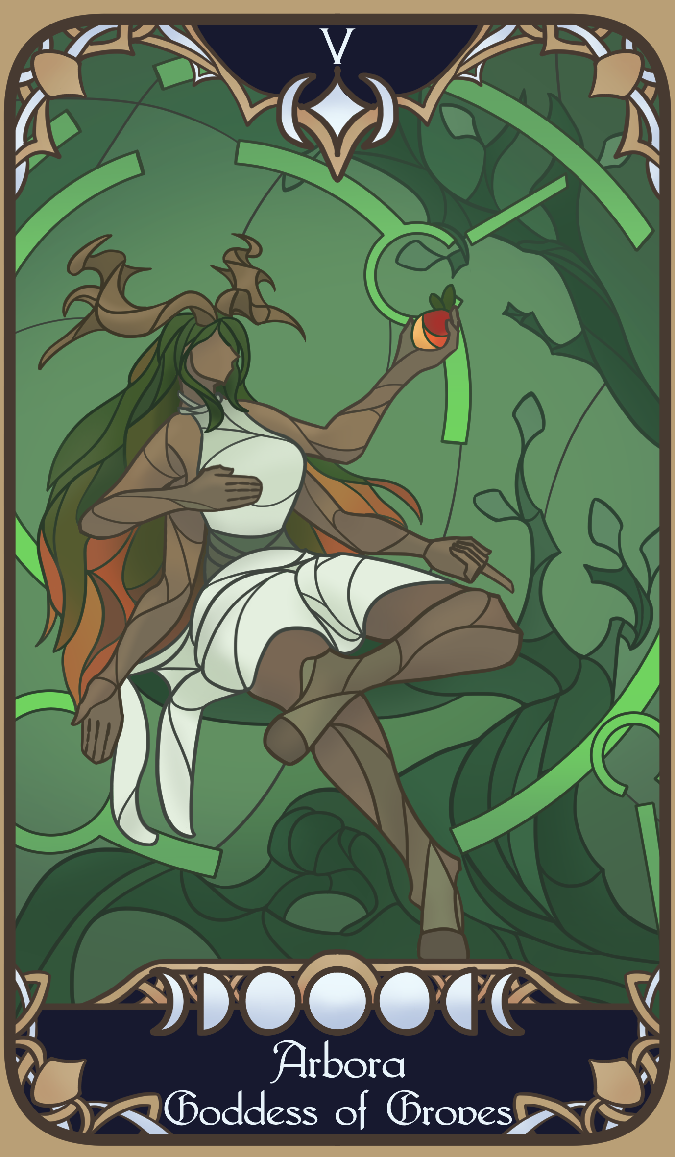A tarot-inspired card for my homebrew D&D campaign, representing the goddess 'Arbora' of groves.